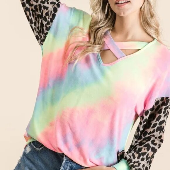 NWT BiBi Tie Dye Terry Top with Leopard Puff Sleeves - Picture 4 of 7